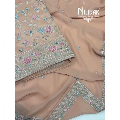 Peach Crepe Unstitched Suit Paired With Georgette Dupatta