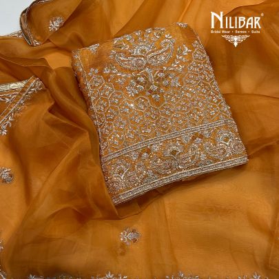 Orange Organza Unstitched Suit