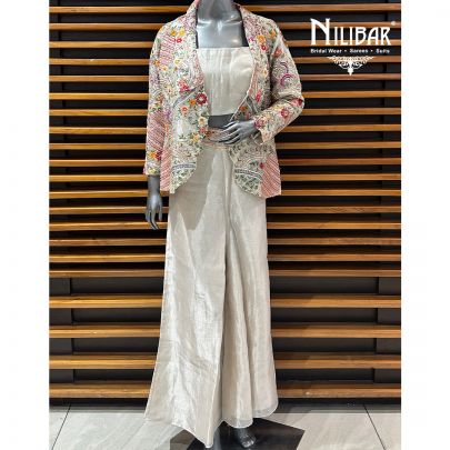 Off White Silk Jacket Style Indo-Western Set