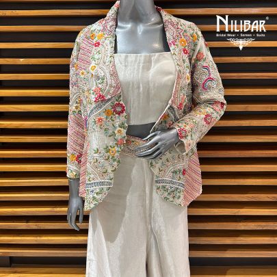 Off White Silk Jacket Style Indo-Western Set