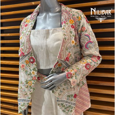 Off White Silk Jacket Style Indo-Western Set
