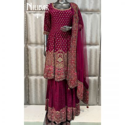 Wine Crepe Net A-Line Shirt Paired With Palazzo