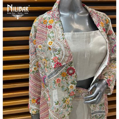 Off White Silk Jacket Style Indo-Western Set
