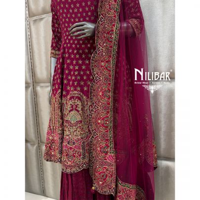Wine Crepe Net A-Line Shirt Paired With Palazzo