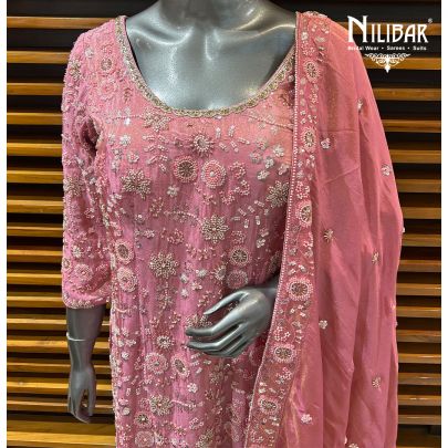 Onion Pink Lamé Silk Flared Palazzo Suit