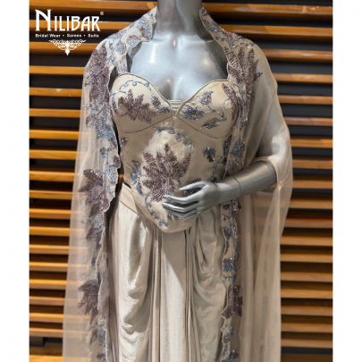 Mouse Organza Corset Paired With Blouse, Cape & Pleated Satin Skirt Set