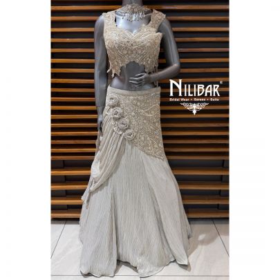 Beige Gold Crush Tissue Fish Cut Lehenga & Choli