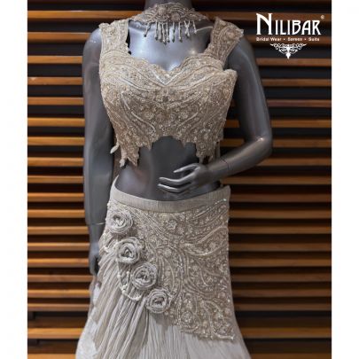 Beige Gold Crush Tissue Fish Cut Lehenga & Choli