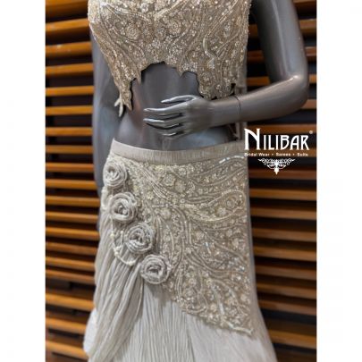 Beige Gold Crush Tissue Fish Cut Lehenga & Choli