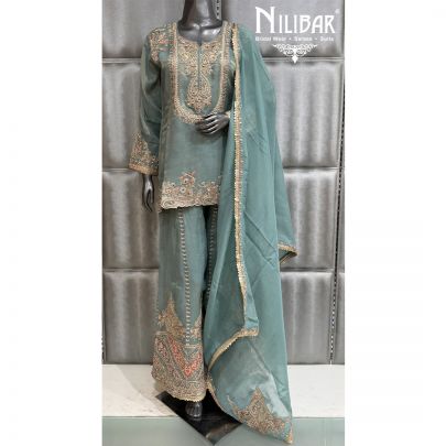 Teal Blue Lame Silk and Organza Short Shirt Paired With Palazzo Pants and Dupatta
