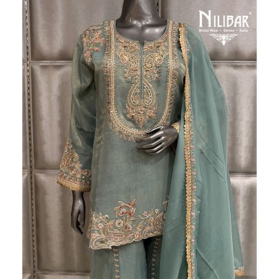 Teal Blue Lame Silk and Organza Short Shirt Paired With Palazzo Pants and Dupatta