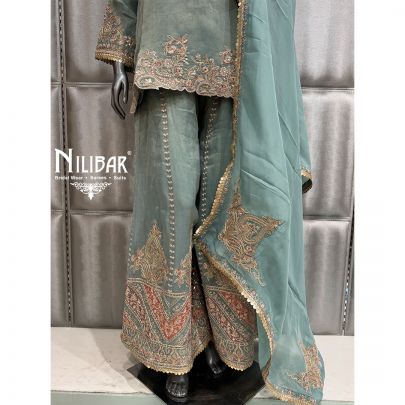 Teal Blue Lame Silk and Organza Short Shirt Paired With Palazzo Pants and Dupatta