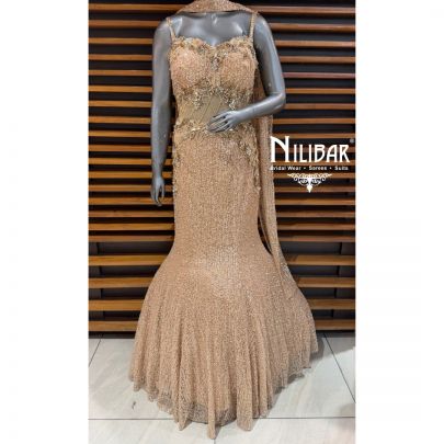 Gold Net Long Fish Cut Heavy Gown Paired With Neckline Dupatta
