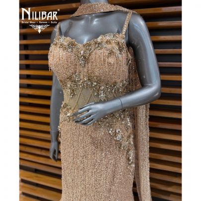 Gold Net Long Fish Cut Heavy Gown Paired With Neckline Dupatta