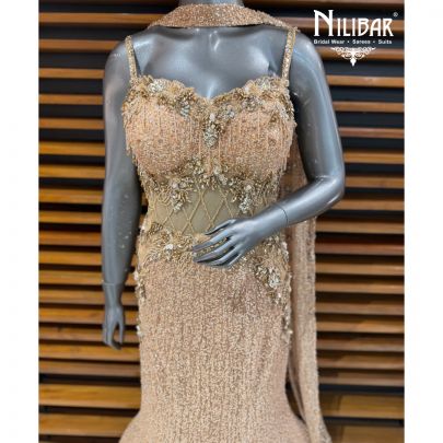 Gold Net Long Fish Cut Heavy Gown Paired With Neckline Dupatta