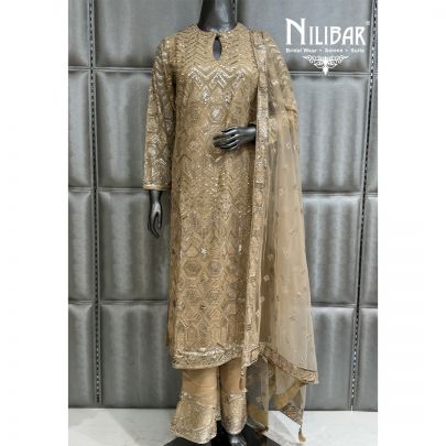 Light Beige Georgette and Soft Net Long Shirt Paired With Pants and Dupatta