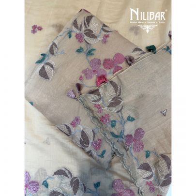 Ivory Mul Cotton Embroidered Suit & Dupatta Paired With Cotton Bottom