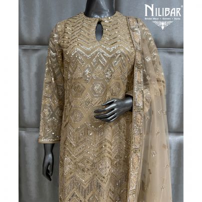 Light Beige Georgette and Soft Net Long Shirt Paired With Pants and Dupatta