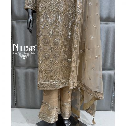 Light Beige Georgette and Soft Net Long Shirt Paired With Pants and Dupatta