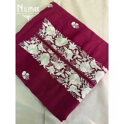 Mehroon & Ivory Mul Cotton Embroidered Suit & Dupatta Paired With Cotton Bottom