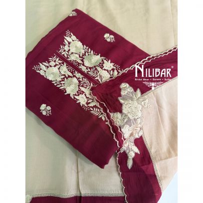 Mehroon & Ivory Mul Cotton Embroidered Suit & Dupatta Paired With Cotton Bottom