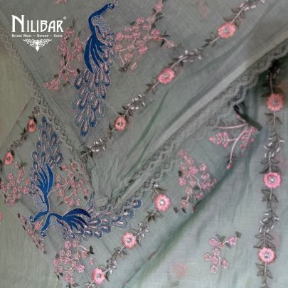 Pista Mul Cotton Embroidered Suit & Dupatta Paired With Cotton Bottom