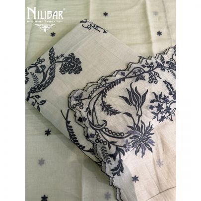 Ivory Mul Cotton Embroidered Suit & Dupatta Paired With Cotton Bottom