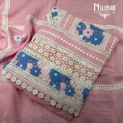 Baby Pink Mul Cotton Unstitched Suit Paired With Bottom & Dupatta