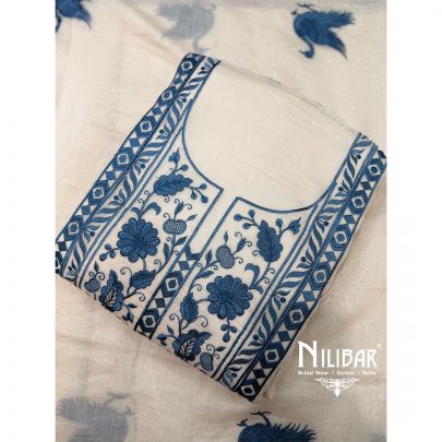 Peacock Blue & Beige Mul Cotton Unstitched Suit