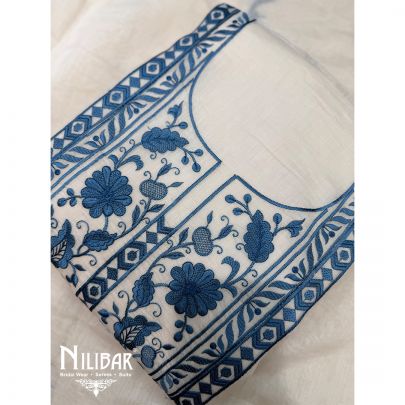 Peacock Blue & Beige Mul Cotton Unstitched Suit