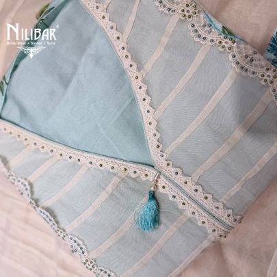 Ivory & Sky Blue Mul Cotton Unstitched Suit