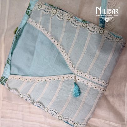 Ivory & Sky Blue Mul Cotton Unstitched Suit