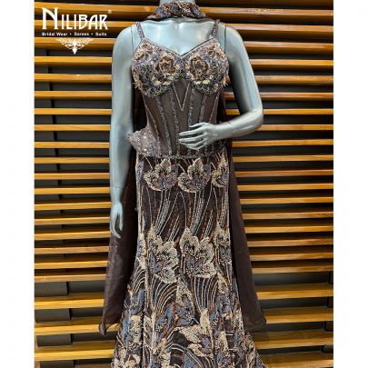 Coffee Net Lehenga Paired With Corset Top