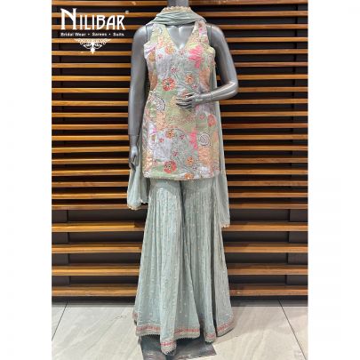 Tea Green Silk Top With Georgette Bottom Garara Suit Set