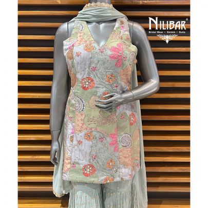 Tea Green Silk Top With Georgette Bottom Garara Suit Set