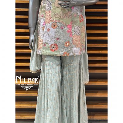 Tea Green Silk Top With Georgette Bottom Garara Suit Set