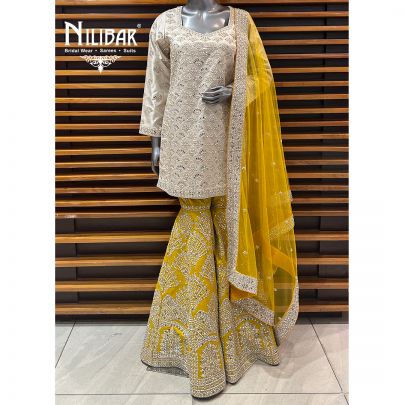 Off White & Yellow Silk Garara Suit Set