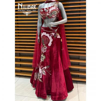 Maroon Velvet Lehenga