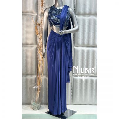 Navy Blue Draped Stitched Lycra Saree