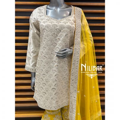 Off White & Yellow Silk Garara Suit Set