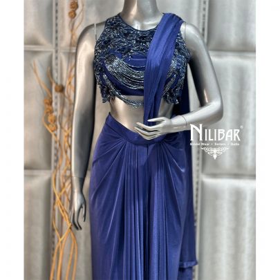 Navy Blue Draped Stitched Lycra Saree