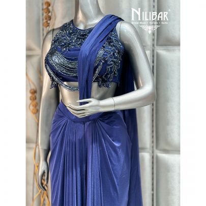 Navy Blue Draped Stitched Lycra Saree