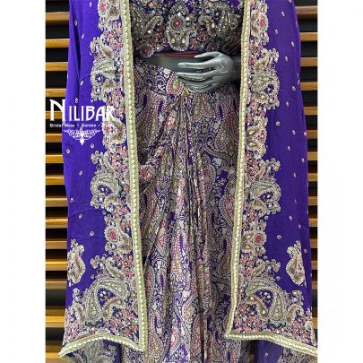 Purple Printed Chinon Crop Top With Dhoti and Cape