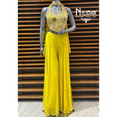 Yellow Net Crop Top With Chinon Palazzo