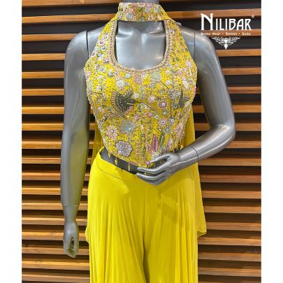 Yellow Net Crop Top With Chinon Palazzo