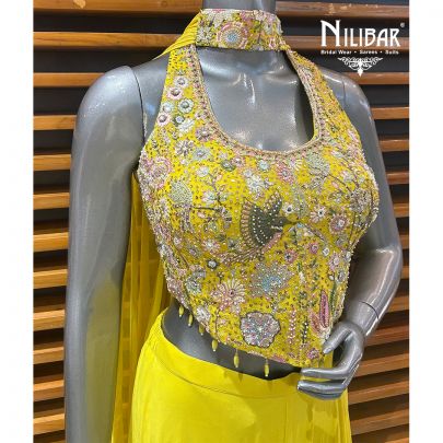 Yellow Net Crop Top With Chinon Palazzo