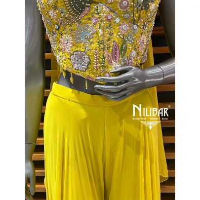 Yellow Net Crop Top With Chinon Palazzo