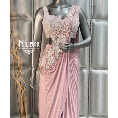 Baby Pink Draped Stitched Lycra Saree