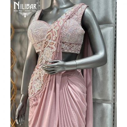 Baby Pink Draped Stitched Lycra Saree