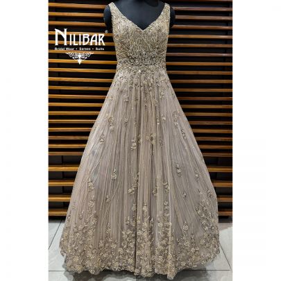 Beige Soft Net Long Flare Engagement Gown